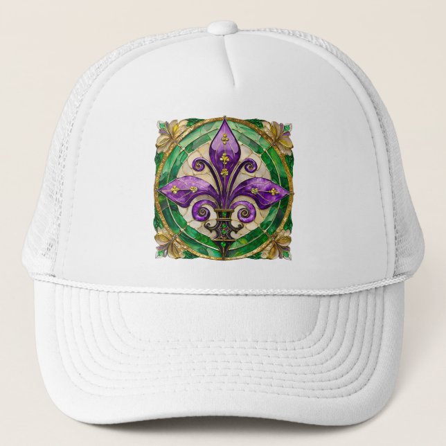 Mardi Gras Stained Glass Fleur de lis  Trucker Hat (Front)