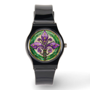 Mardi Gras Stained Glass Fleur de lis Watch
