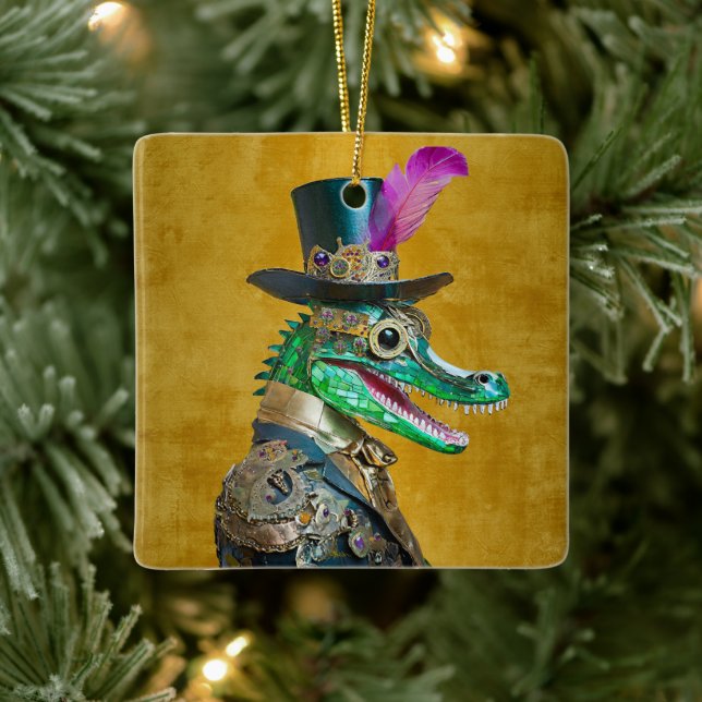 Mardi Gras Steampunk Party Animal Alligator Ceramic Ornament (Tree)