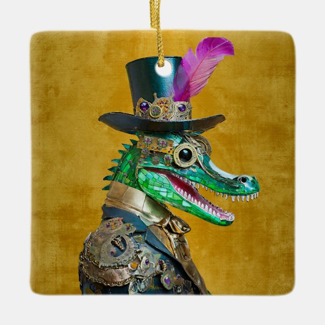 Mardi Gras Steampunk Party Animal Alligator Ceramic Ornament (Front)