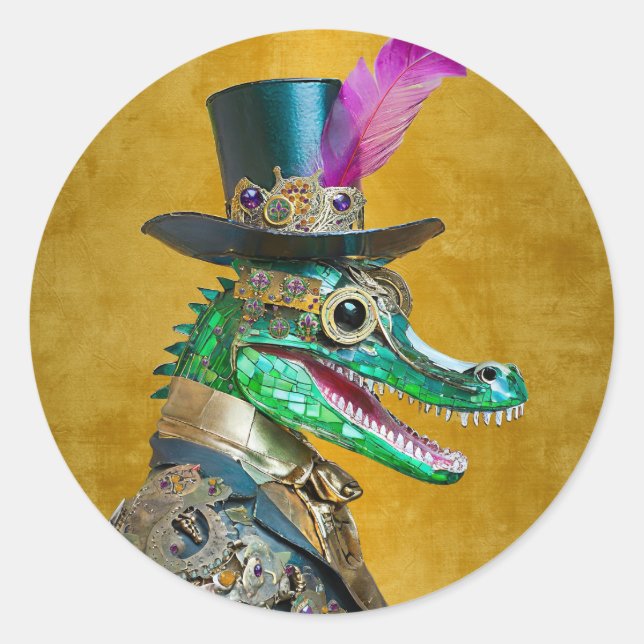 Mardi Gras Steampunk Party Animal Alligator Classic Round Sticker (Front)