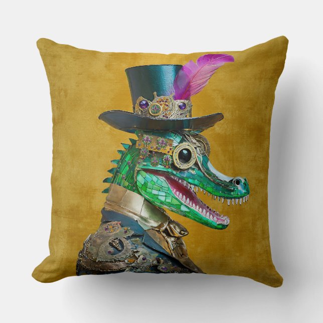 Mardi Gras Steampunk Party Animal Alligator Cushion (Front)