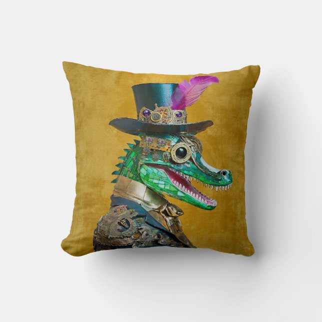 Mardi Gras Steampunk Party Animal Alligator Cushion (Front)
