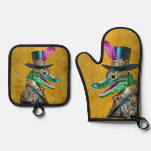 Mardi Gras Steampunk Party Animal Alligator Oven Mitt & Pot Holder Set