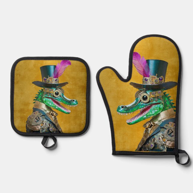 Mardi Gras Steampunk Party Animal Alligator Oven Mitt & Pot Holder Set (Front)
