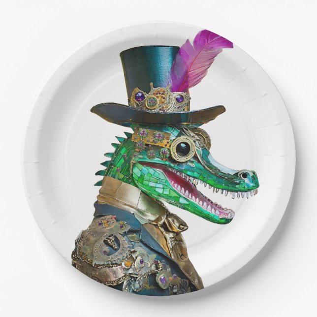 Mardi Gras Steampunk Party Animal Alligator Paper Plate (Front)