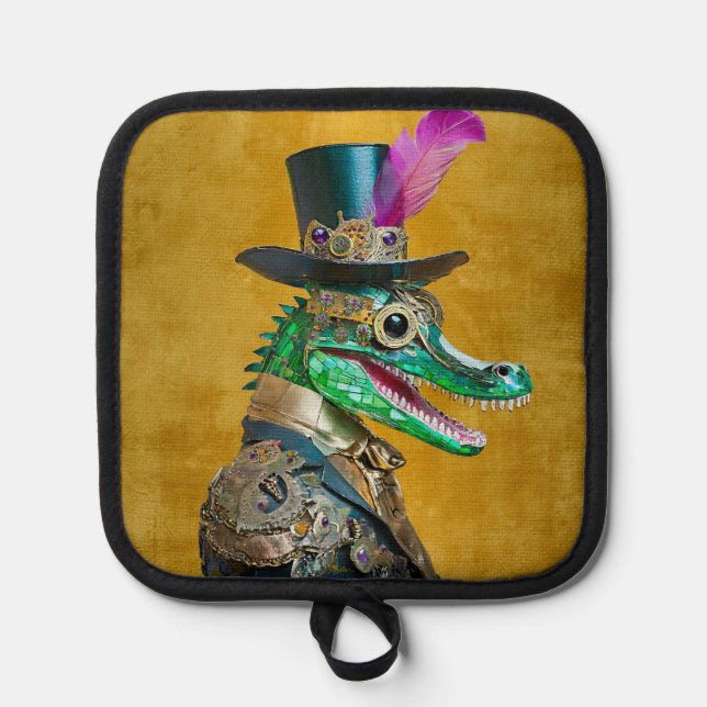 Mardi Gras Steampunk Party Animal Alligator Pot Holder (Front)