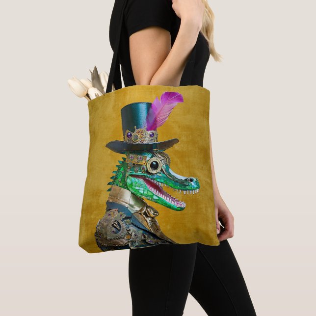 Mardi Gras Steampunk Party Animal Alligator Tote Bag (Close Up)
