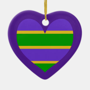 Mardi Gras Striped Purple Heart Ceramic Tree Decoration