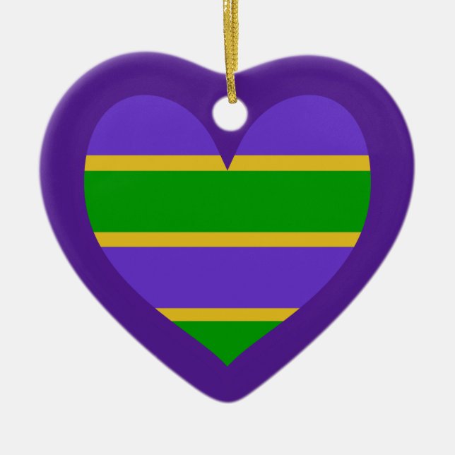 Mardi Gras Striped Purple Heart   Ceramic Tree Decoration (Front)