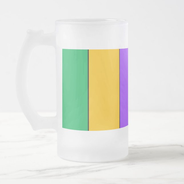 Mardi Gras Stripes Pattern Green Yellow Purple Frosted Glass Beer Mug (Left)