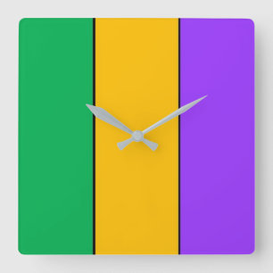 Mardi Gras Stripes Pattern Green Yellow Purple Square Wall Clock