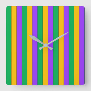 Mardi Gras Stripes Pattern Green Yellow Purple Square Wall Clock
