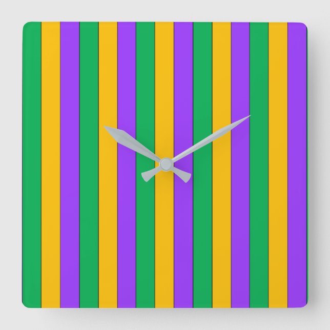 Mardi Gras Stripes Pattern Green Yellow Purple Square Wall Clock (Front)