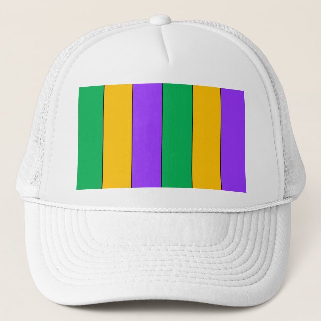 Mardi Gras Stripes Pattern Green Yellow Purple Trucker Hat (Front)