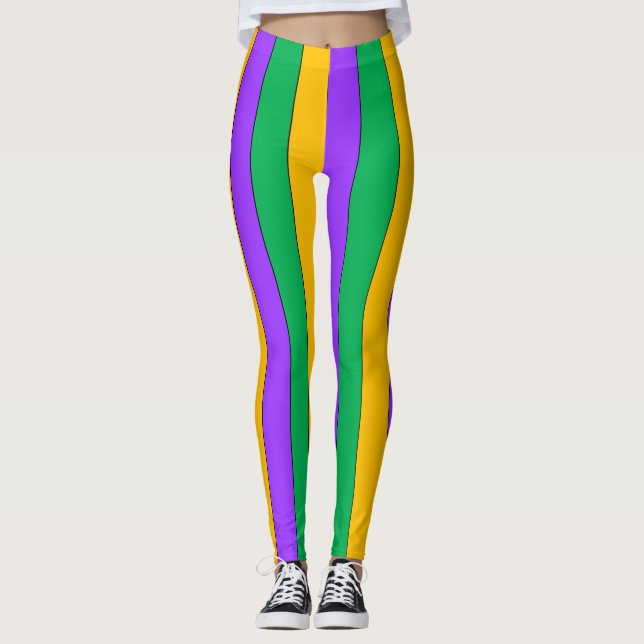 Mardi Gras Stripes Pattern Purple Green Yellow Leggings (Front)