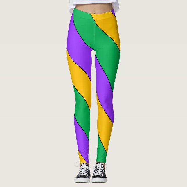 Mardi Gras Stripes Pattern Purple Green Yellow Leggings (Front)