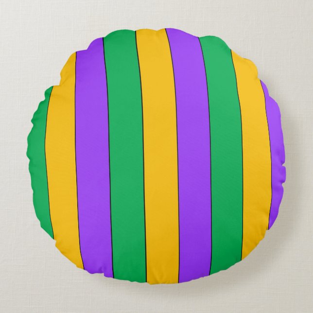 Mardi Gras Stripes Pattern Purple Green Yellow Round Cushion (Front)