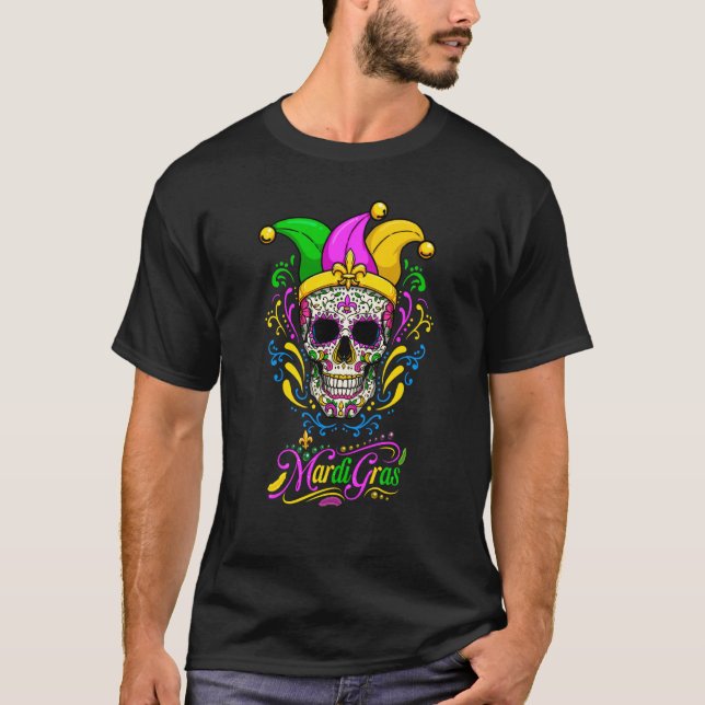 Mardi Gras Sugar Skull Fleur De Lis Jesters Hat Pa T-Shirt (Front)