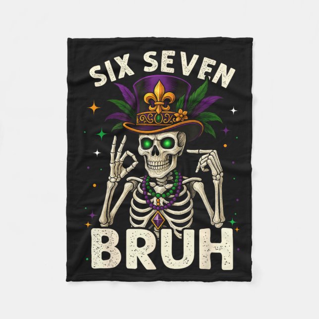 Mardi Gras Sugar Skull Skeleton Six Seven Bruh Mem Fleece Blanket (Front)