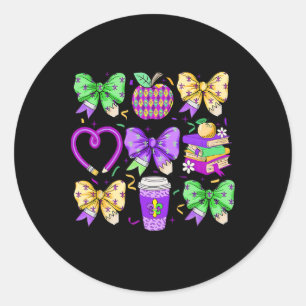 Mardi Gras Teacher Coquette Bow Pencil Apple Book Classic Round Sticker