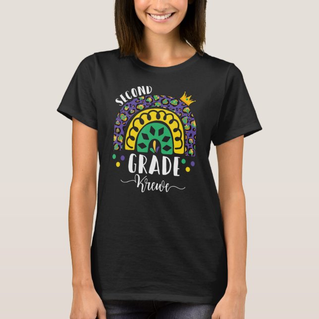 Mardi Gras Teacher First Grade Krewe Rainbow Leopa T-Shirt (Front)