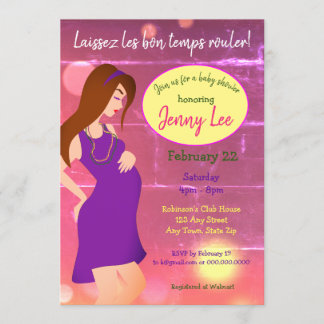 Mardi Gras Themed Baby Bump Invite Brown Hair