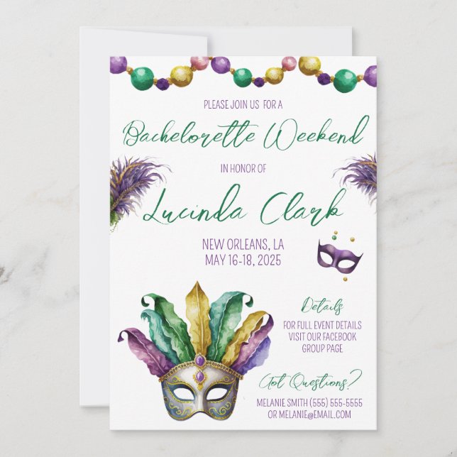 Mardi Gras Themed Bachelorette Party Invitation (Front)