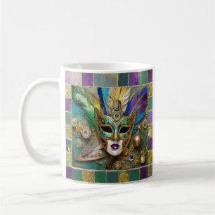 Mardi Gras Third Eye Gold Ceramic Feather Mask Coffee Mug