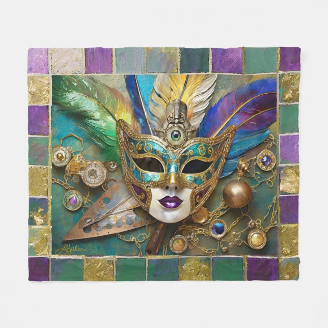 Mardi Gras Third Eye Gold Ceramic Feather Mask Fleece Blanket (Front (Horizontal))
