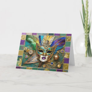 Mardi Gras Third Eye Gold Ceramic Feather Mask Holiday Card