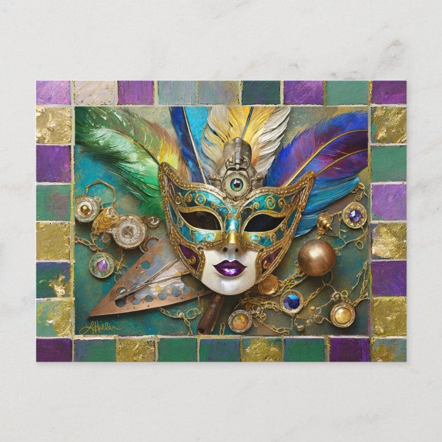 Mardi Gras Third Eye Gold Ceramic Feather Mask Holiday Postcard (Front)