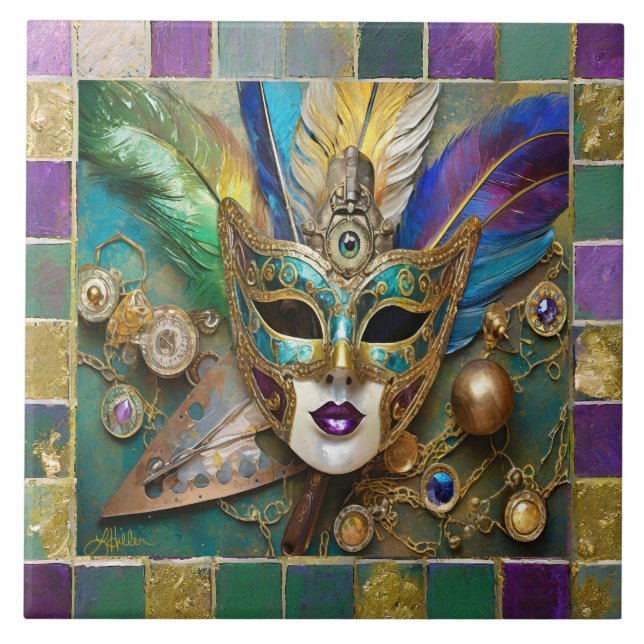 Mardi Gras Third Eye Gold Ceramic Feather Mask Tile (Front)