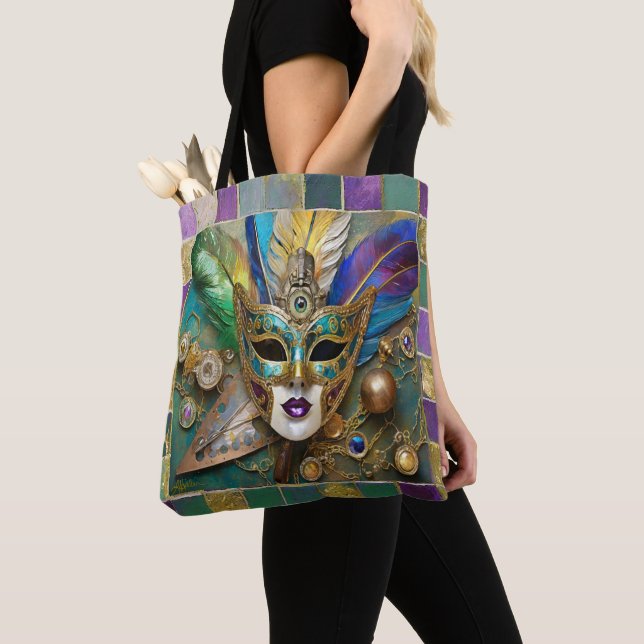 Mardi Gras Third Eye Gold Ceramic Feather Mask Tote Bag (Close Up)