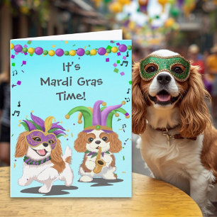 Mardi Gras Time with Cavalier King Charles Spanie Card