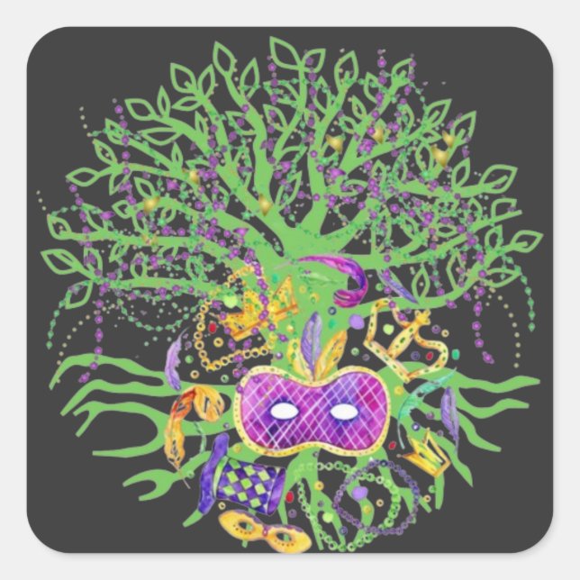 Mardi gras tree square sticker (Front)