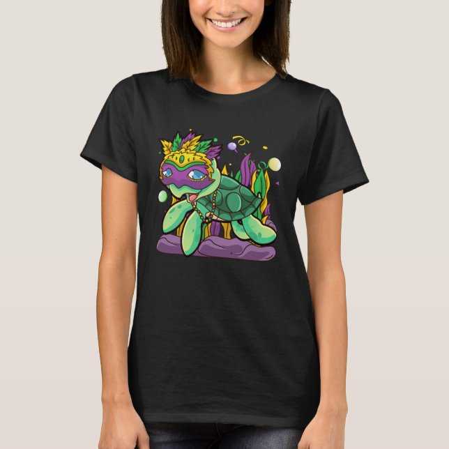 Mardi Gras Turtle with beads & mask T-Shirt (Front)