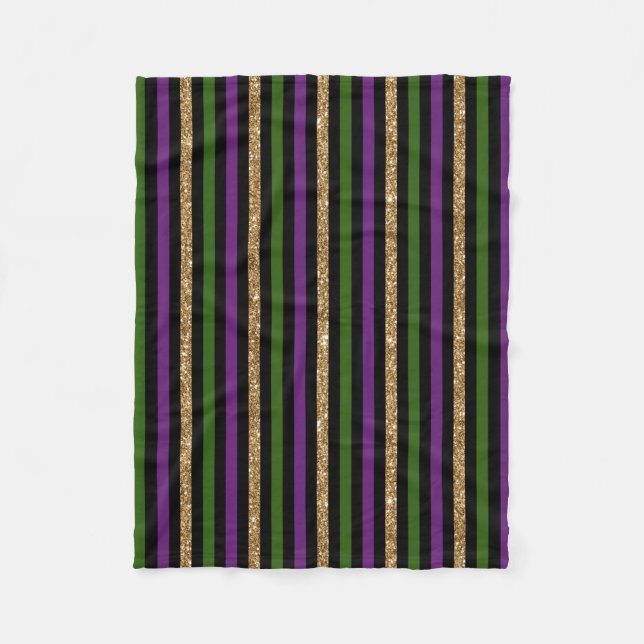 Mardi Gras Vertical Lines Golden Glitter NOLA Fleece Blanket (Front)