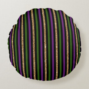 Mardi Gras Vertical Lines Golden Glitter NOLA Round Cushion