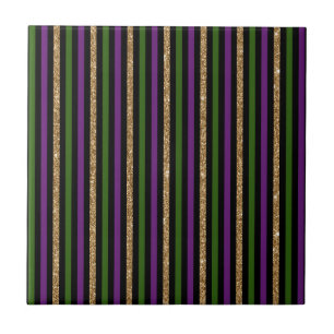 Mardi Gras Vertical Lines Golden Glitter NOLA Tile