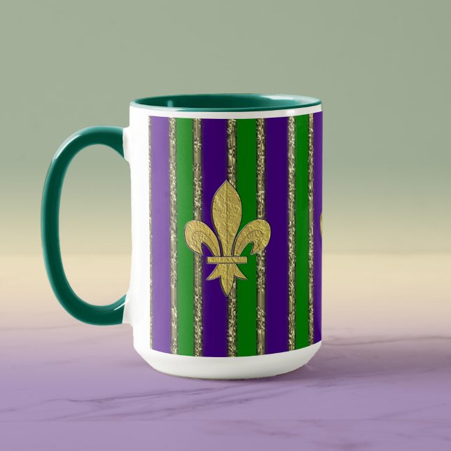 Mardi Gras Vertical Stripes & Fleur de Lys Mug (Creator Uploaded)