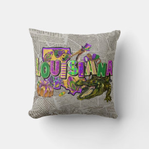 Mardi Gras Vintage Newspaper King Cake Alligator Cushion