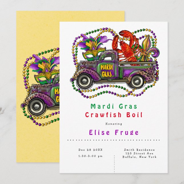 Mardi Gras Vintage Truck Crawfish Boil  Invitation (Front/Back)