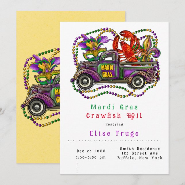 Mardi Gras Vintage Truck Crawfish Boil  Invitation (Front/Back)