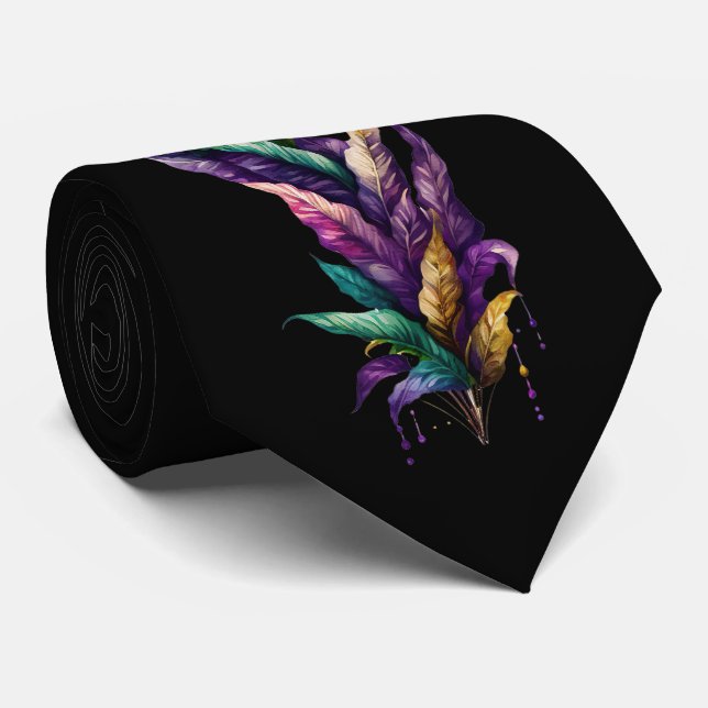 Mardi Gras Watercolor Leaves Gold Green Purple Tie (Rolled)