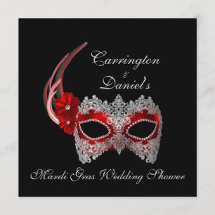 "Mardi Gras Wedding Shower" - Red Mask w/ Lace Invitation