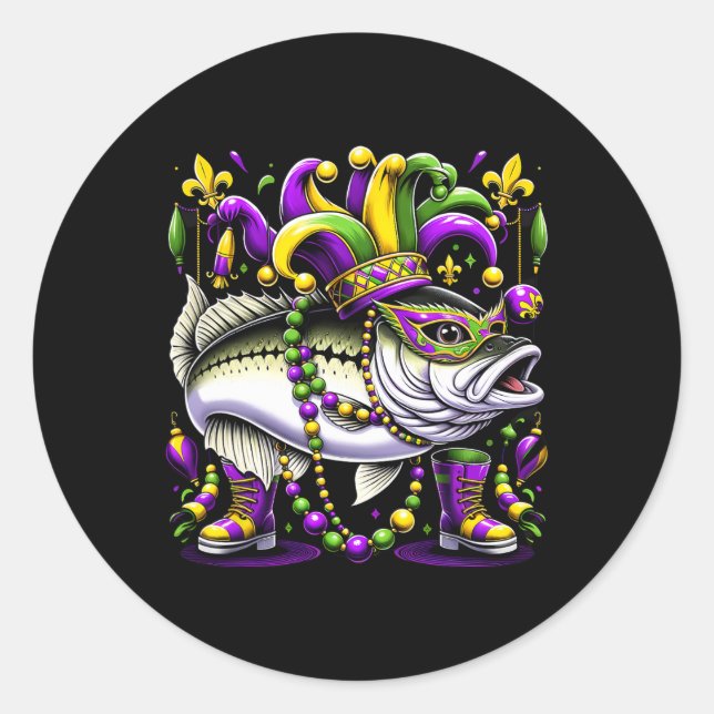 Mardi Gras White Byb Fish  Classic Round Sticker (Front)