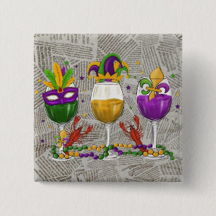 Mardi Gras Wine Glasses and Crawfish 15 Cm Square Badge