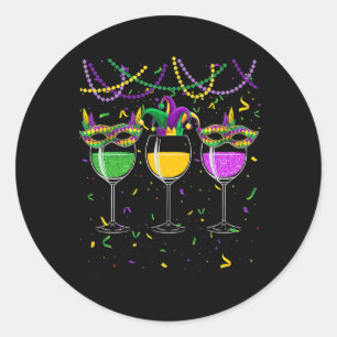 Mardi Gras Wine Glasses Mask Beads Jester Hat Classic Round Sticker