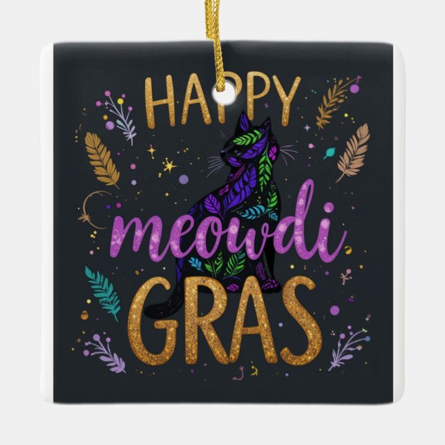 Mardi Gras with cat Ceramic Ornament (Front)